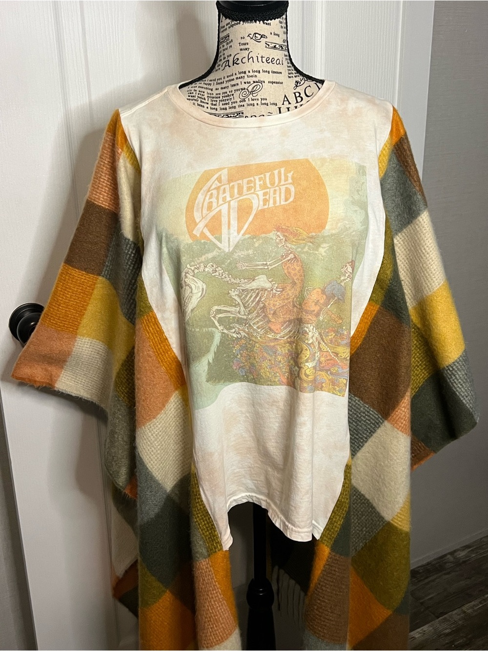 Upcycled Grateful Dead Long Sleeve Tee Ponch in Cream, Mustard & Olive